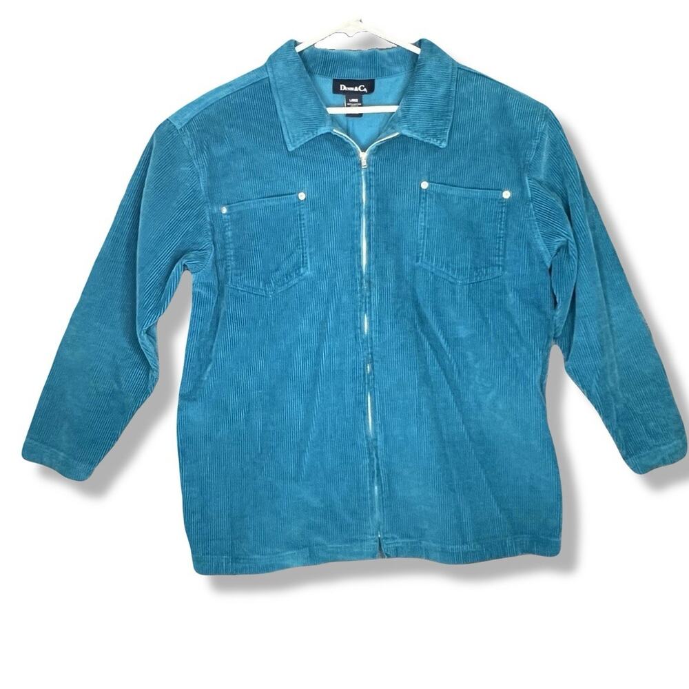 Denim & Co Corduroy Jacket Womens Large Blue Zip Front Casual Vintage Boxy